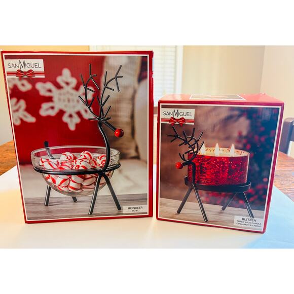 Matching Set of Christmas Reindeer Bowl & Blitzen Candle Holder (candle not Inc) - Picture 1 of 9